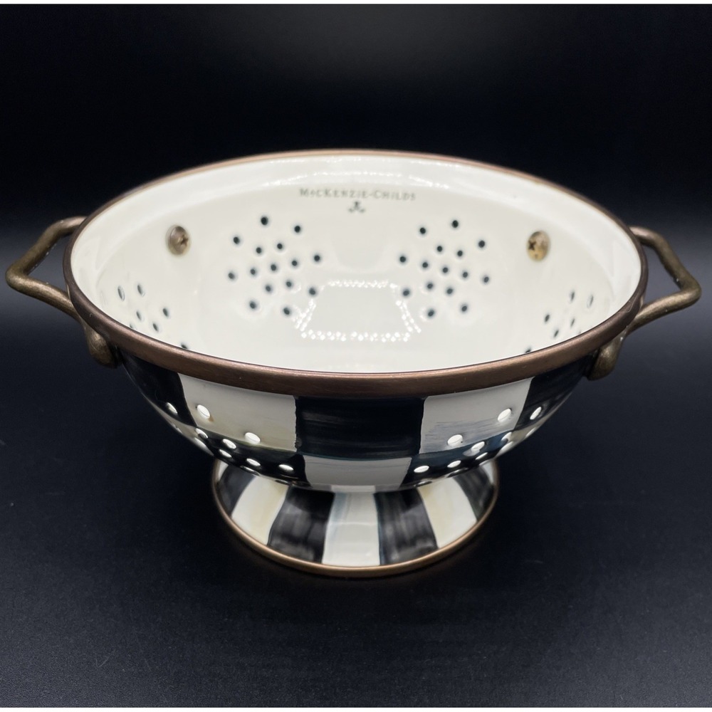 MacKenzie Childs Courtly Check Small Colander Enamel Strainer Black And White